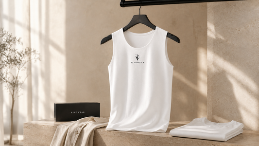Weißes RIVOWEAR Kompressionsunterhemd für Männer auf Bügel – diskretes Gynäkomastie Shirt mit flachen Kanten.